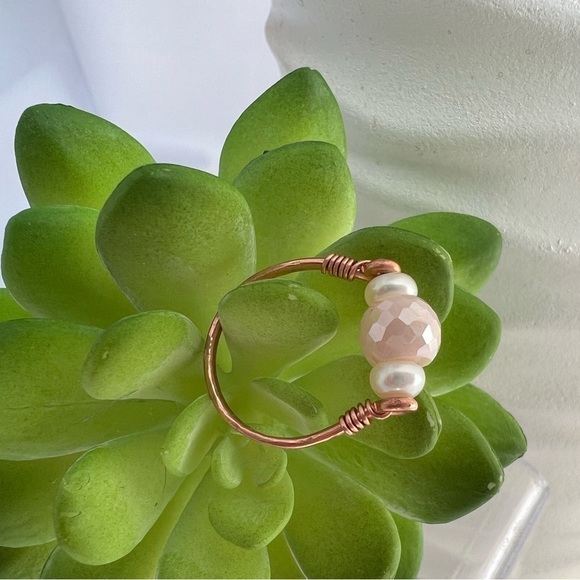 Artisan Jewelry - Freshwater Pearls & Pink Glass Beaded Copper Ring